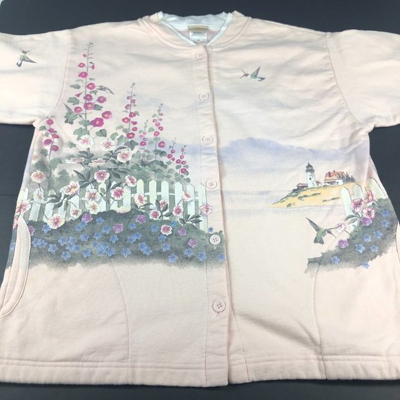 VTG Artisans Floral Light House Button Up Sweater Adult Medium Pink Nature Birds - Picture 5 of 11